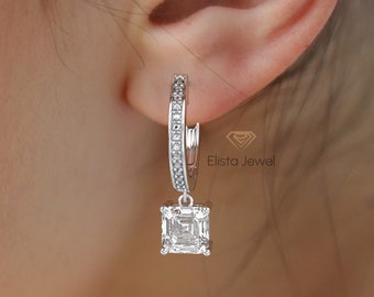 Asscher Cut Lab Grown Diamond Hoop Earring, 18K Solid White Gold Latch Back Earrings, Ready To Ship 2CTW To 4 CTW Diamond Earring For Her