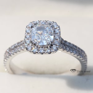 Cushion diamond engagement ring/Cushion lab grown diamond Split halo engagement ring/Split shank wedding ring for her.