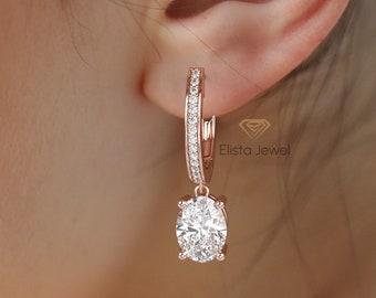 2 CTW To 4 CTW Diamond Earring For Her, Oval Cut Lab Grown Diamond Hoop Earring, 10K Solid Rose Gold Latch Back Earrings, Ready To Ship