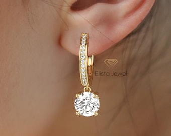 Round-Cut Lab Grown Diamond Hoop Earring, 14K Solid Yellow Gold Latch Back Earrings, Ready To Ship, 2 CTW To 4 CTW Diamond Earring