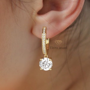 Round-Cut Lab Grown Diamond Hoop Earring, 14K Solid Yellow Gold Latch Back Earrings, Ready To Ship, 2 CTW To 4 CTW Diamond Earring