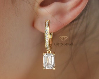 Ready To Ship 2CTW To 4 CTW Diamond Earring For Her, Emerald Cut Lab Grown Diamond Hoop Earring, 14K Solid Yellow Gold Latch Back Earrings