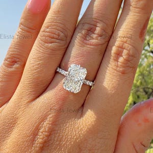 4.00 CT Radiant Cut Diamond Solitaire With Accent Ring, 18K Solid White Gold Hidden Halo Diamond  Ring, Lab Grown Diamond Engagement Ring
