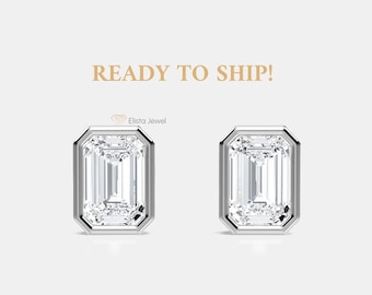 Emerald Cut Diamond 14K White Gold Earrings, Ready To Ship Lab Grown Diamond Stud Earrings, 0.5 CTW To 4 CTW Diamond Full Bezel Earrings