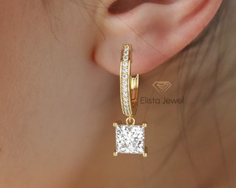 Princess-Cut Lab Grown Diamond Hoop Earring, 14K Solid Yellow Gold Latch Back Earrings, Ready To Ship, 2 CTW To 4 CTW Diamond Earring