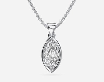 14K Solid White Gold Full Bezel Setting Necklace, Chain Included, Ready to Ship, Marquise-Cut Lab Created Diamond Loop Pendant, Gift For Her