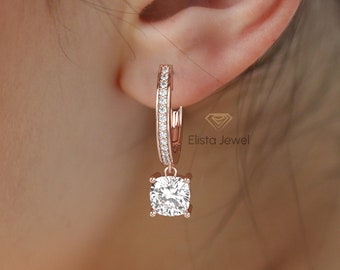 14K Solid Rose Gold Latch Back Earrings, Ready To Ship 2 CTW To 4 CTW Diamond Earring For Her, Cushion Cut Lab Grown Diamond Hoop Earring