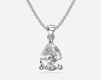 Gift For Daughter, 14K Solid White Gold Prong Setting Necklace, East West Pear Cut Lab Grown Diamond Pendant, Chain Included, Ready to Ship