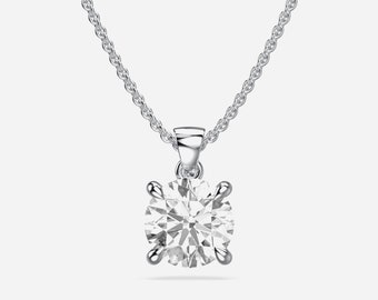 Round Cut Lab Grown Diamond Loop Pendant, 14K Solid White Gold Prong Setting Necklace, Chain Included, Ready to Ship, Gift For Girlfriend