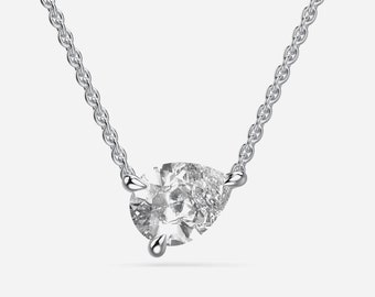 14K Solid White Gold Prong Setting Necklace, East West Pear Cut Lab Grown Diamond Pendant, Chain Included, Ready to Ship, Gift For Daughter