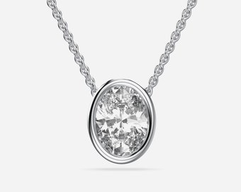 14K Solid White Gold Pendant, Chain Included, Oval-Cut Lab Grown Diamond Pendant, Ready to Ship, Full Bezel Setting Necklace, Women Gift