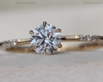 0.50CT Round Cut Certified Lab Grown Diamond With Accents Ring, 14K Solid Yellow Gold Engagement Ring, Solitaire With Accent Ring For Gift