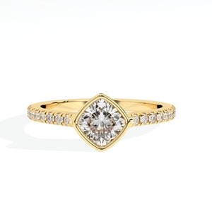 0.75CT Cushion Cut Lab Grown Bezel Set Diamond Engagement Ring Gift For Her, Cushion Bezel Set Diamond Made In 10k Solid Yellow Gold Ring