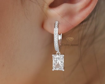 10K Solid White Gold Latch Back Earrings, Ready To Ship,2 CTW To 4 CTW Diamond Earring For Her, Radiant Cut Lab Grown Diamond Hoop Earring