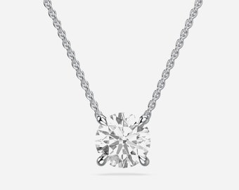 14K Solid White Gold Prong Setting Necklace, Chain Included, Ready to Ship, Gift For Mother, Round Cut Lab Grown Diamond Stand Pendant