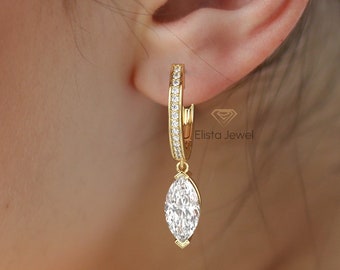 Marquise-Cut Lab Grown Diamond Hoop Earring, 14K Solid Yellow Gold Latch Back Earrings, Ready To Ship 2 CTW To 4 CTW Diamond Earring For Her