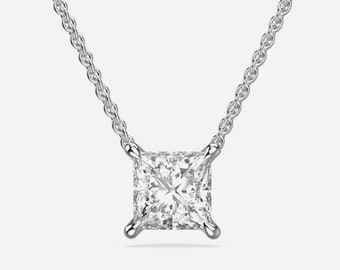 14K Solid White Gold Prong Setting Pendant, Ready to Ship, Princess Cut Lab Creted Diamond Stand Pendant, Chain Included, Gift For Mother