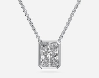 Chain Included, Ready to Ship, Wedding Gift, Radiant Cut Lab Creted Diamond Stand Pendant, 14K Solid White Gold Full Bezel Setting Necklace