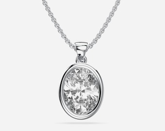 Oval-Cut Lab Grown Diamond Pendant, 14K Solid White Gold Pendant, Chain Included, Ready to Ship, Full Bezel Setting Necklace, Wedding Gift