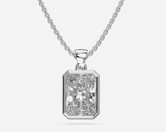 Wedding Gift, Radiant Cut Lab Creted Diamond Loop Pendant, 14K Solid White Gold Full Bezel Setting Necklace, Chain Included, Ready to Ship