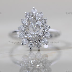 Pear-Cut Lab Created Diamond Halo Wedding Ring, 14K Solid White Gold Unique Women Ring, CVD Diamond Ring, Certified Jewelry Ring For Her