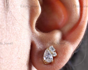 Pear, Emerald & Round Cut Lab Grown Diamond Cluster Earrings, 10K Solid Yellow Gold Stud Earrings, Screw Back Earrings, CVD Diamond Earrings