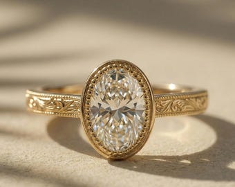 Oval Lab Diamond Ring, 18K Yellow Gold Engraved Floral Band, IGI Certified