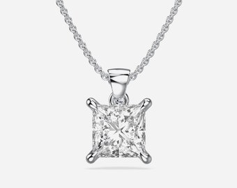 Ready to Ship, Princess Cut Lab Creted Diamond Loop Pendant, 14K Solid White Gold Prong Setting Pendant, Chain Included, Anniversary Gift