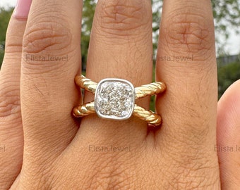 2.50CT Cushion Cut Lab Grown Diamond full Bezel Solitaire Ring, 18K Solid Gold Two Tone Ring, CVD Diamond Ring, Split Shank Engagement Ring