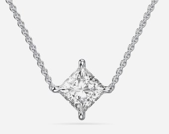 Diagonal Necklace, Princess Cut Lab Grown Diamond Pendant, 14K Solid White Gold Pendant, Chain Included, Ready to Ship, Wedding Gift