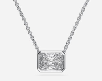 East West Radiant Cut Lab Grown Diamond Pendant, 14K Solid White Gold Full Bezel Setting Necklace, Chain Included, Ready to Ship, For Her