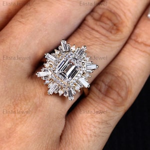 1.50CT IGI Certified Emerald Cut Lab Grown Diamond Starburst Ring, 14K Solid Yellow Gold Halo Engagement Ring, Art Deco Ring For Women