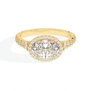 1.50CT East West Oval Cut Lab Grown Diamond Halo Engagement Ring, Made In 14k Solid Yellow Gold Vintage Solitaire With Accent Wedding Ring
