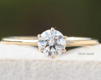 Round Cut Lab Grown Diamond Solitaire Ring, 14k Gold CVD Wedding Ring