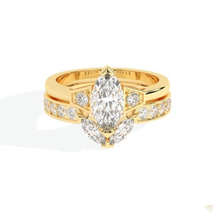 1.00CT Marquise-Cut Diamond Three Stone Engagement Ring With Curve Diamond Matching Band Made In 18k Solid Gold Women Wedding Ring Set
