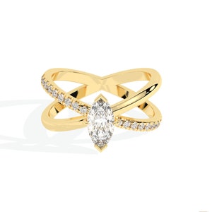 0.90CT Marquise Lab Grown Diamond Crossover Engagement Ring, Marquise CVD Diamond Criss Cross Shank Ring Made In 14k Solid Yellow Gold Ring
