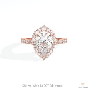 1.60CT Pear Cut Lab Grown Diamond Halo Engagement Ring, Solitaire With Accent 14k Solid Rose Gold CVD Diamond Ring For Women