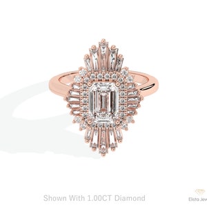 1.00CT Emerald Cut Lab Created Diamond Starburst Halo Engagement Ring, Art Deco 14k Solid Yellow Gold CVD Diamond Proposal Ring For Women