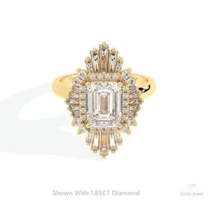1.85CT Emerald Cut Lab Grown Diamond Starburst Halo Engagement Ring Art Deco  14k Solid Yellow Gold Proposal Ring For Women