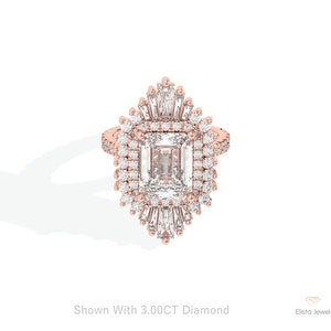 3.00CT Emerald Cut Lab Created Diamond Halo Art Deco Engagement Ring, Starburst 14k Solid Rose Gold CVD Diamond Solitaire With Accent Ring