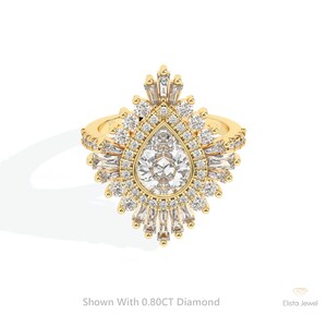 Pear Cut Lab Grown Diamond Halo Starburst Engagement Ring, Solitaire With Accent 14k Solid Rose Gold CVD Diamond Ring For Women