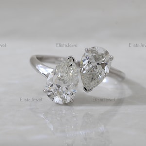Pear Cut Certified Lab Grown Diamond Toi Et Moi Ring. 14K Solid White Gold Twins Diamond Ring, Bridal Jewelry Ring, Engagement Ring For Her