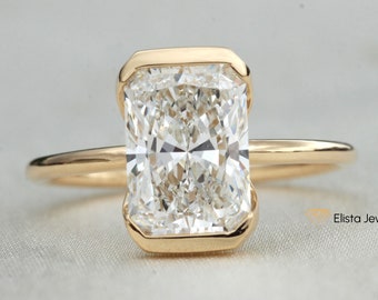 2.40CT Radiant Cut Diamond Half Bezel Solitaire Engagement Ring Made In 14K Yellow Gold, Wedding Ring For Her, Anniversary Ring
