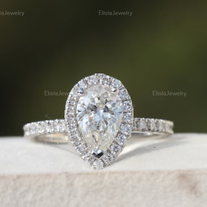 1.30CT Pear Cut Lab Grown Diamond Halo Engagement Ring, 14K Solid White Gold Wedding Ring, Solitaire With Accent Ring, Women Diamond Ring