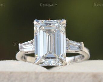 Emerald Cut Lab Grown Diamond Three Stone 18K White Gold Engagement Ring