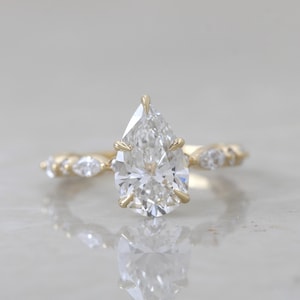 2.00CT Pear Cut Lab Grown Diamond Marquise Pave Engagement Ring, 10K Solid Yellow Gold CVD Diamond Ring, Certified Proposal Ring For Women
