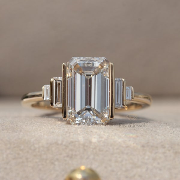 2.5 Ct Emerald Cut Lab Grown Diamond Bar Set Five Stone Engagement Ring