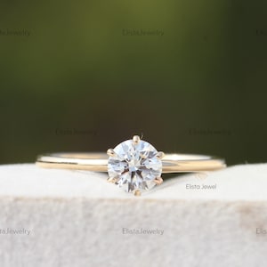 Round Cut Lab Created Diamond Solitaire Engagement Ring, 14K Solid Yellow Gold Dainty Ring, CVD Diamond Gold Wedding Ring, Anniversary Gift