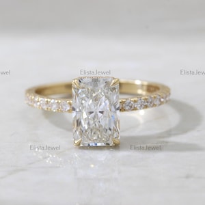 3.00 CT Radiant Cut Lab Grown Diamond Solitaire With Accent Ring, 14K Solid Yellow Gold Hidden Halo Ring, Wedding Diamond Ring, Promise Ring