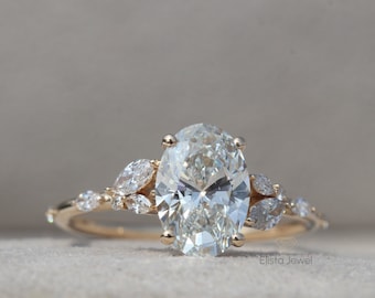 1.50CT Oval Lab Grown Diamond Cluster Ring: 14k Yellow Gold Promise Ring